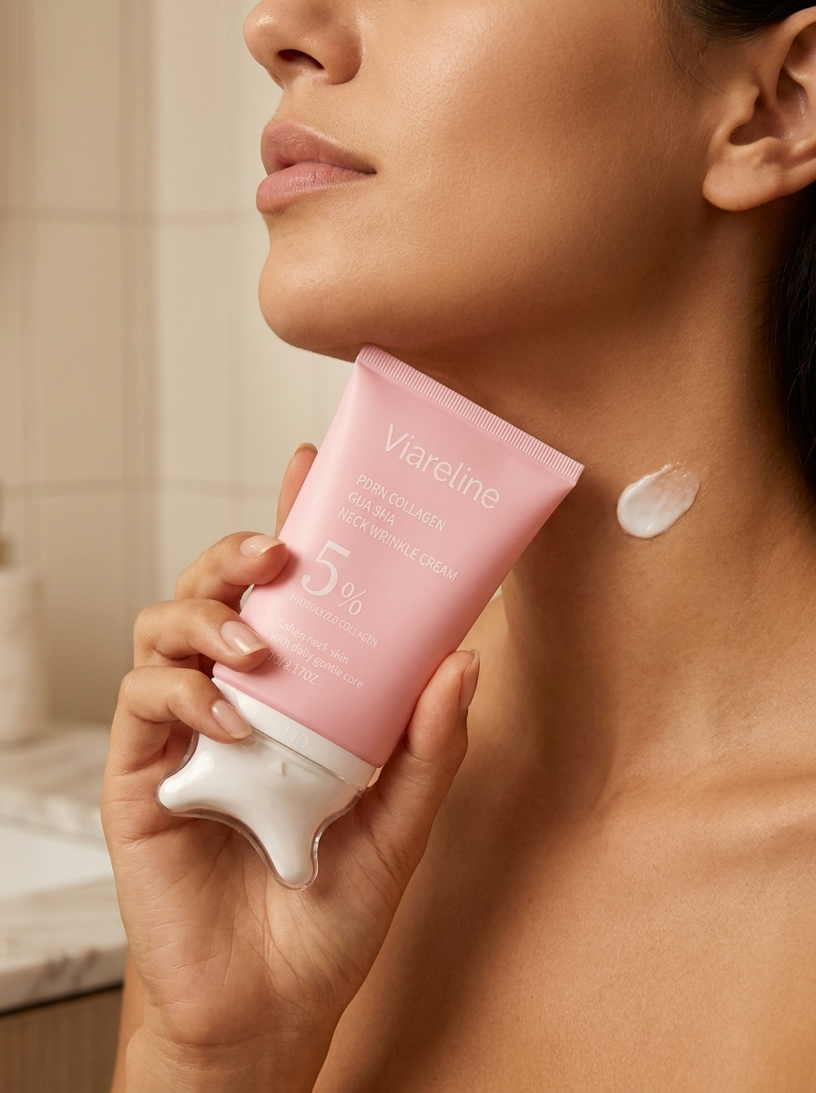 Applying Velé neck cream along the jawline