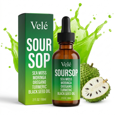 Velé Soursop 10-in-1 Drops — bottle and box with green splash