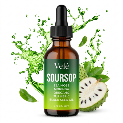 Velé Soursop 10-in-1 Drops — 2 fl oz bottle with soursop fruit